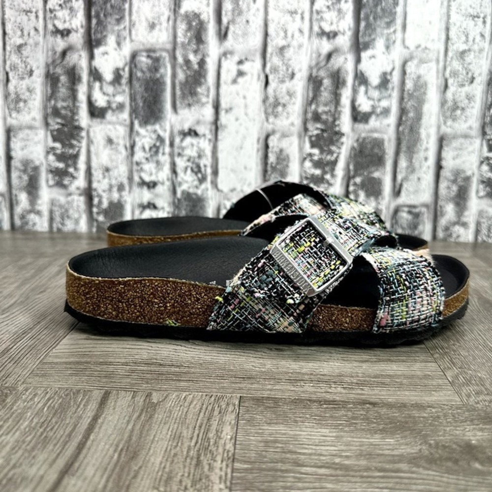 Birkenstock Two-Buckle Tweed Sandals in Black and Multicolor
